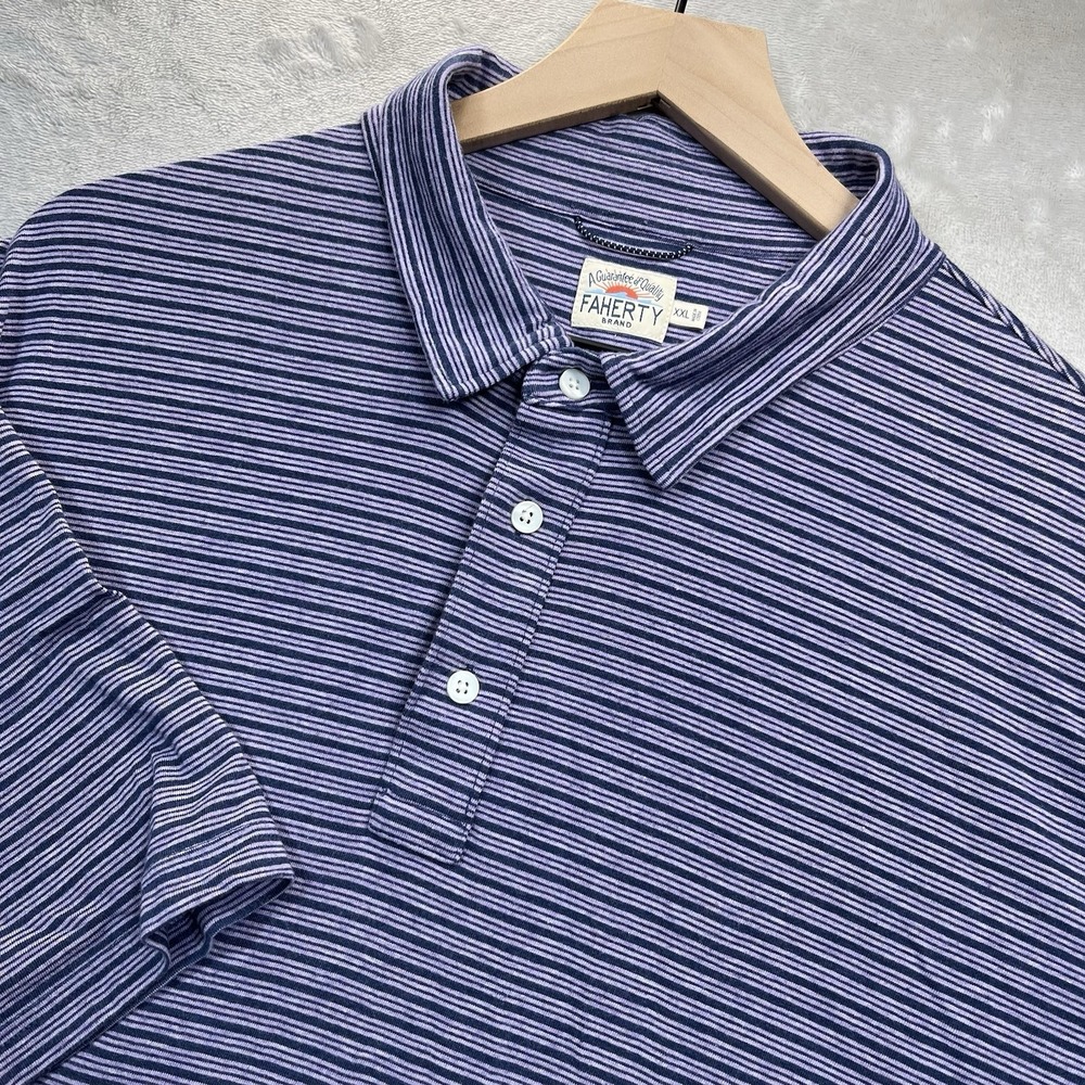 FAHERTY Polo Shirt 2XL Cotton Purple Stripes‎ Short Sleeve